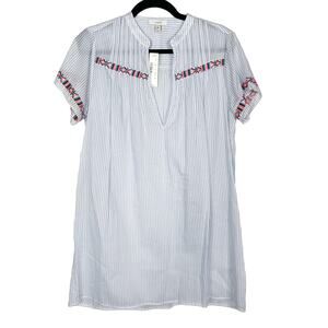 New J Crew Medium M Blue White Striped Embroidered Tunic Top Short Sleeve VNeck